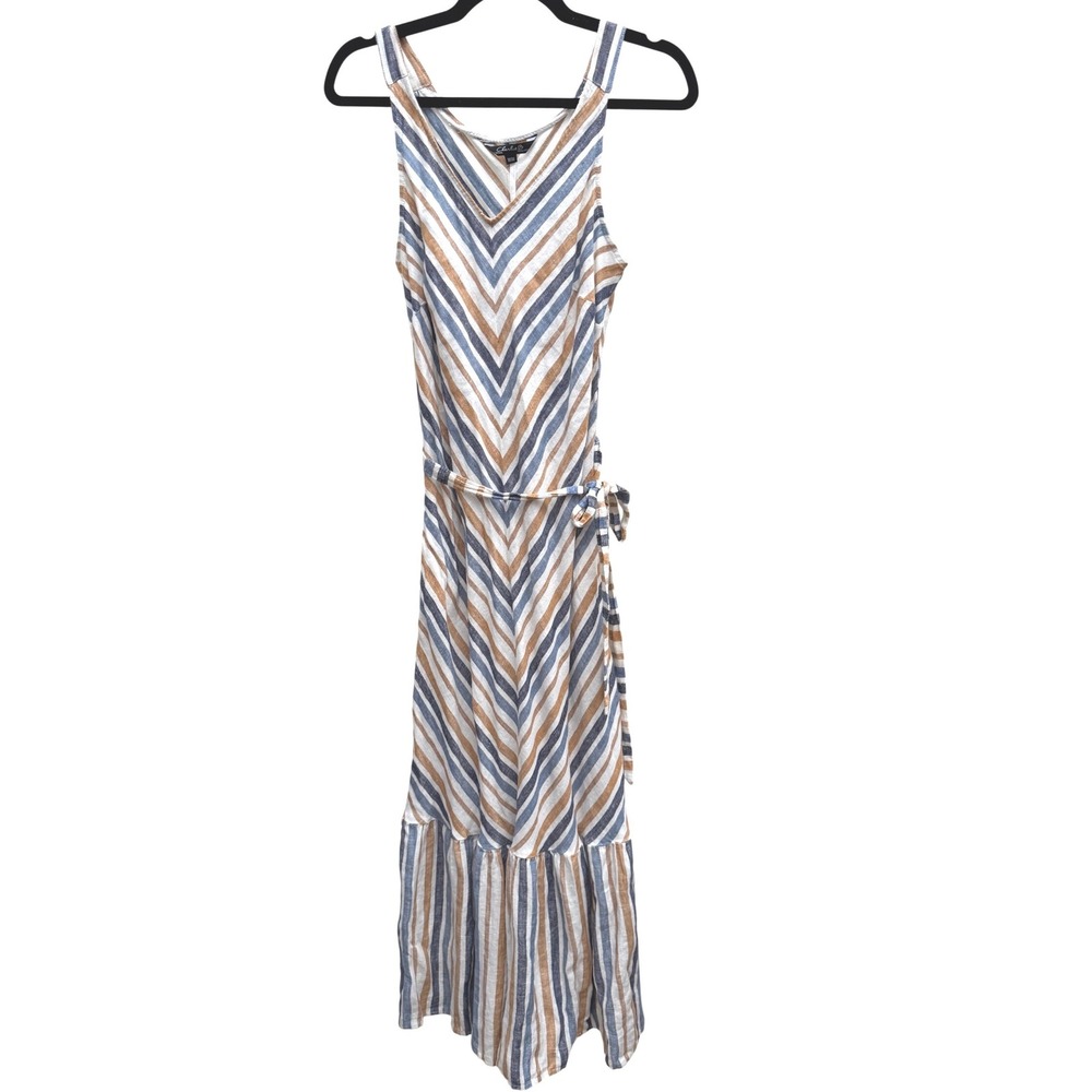 Charlie B Striped 100% Linen Maxi Dress Medium Sleeveless Blue Tan Tie Wasit - Picture 2 of 8